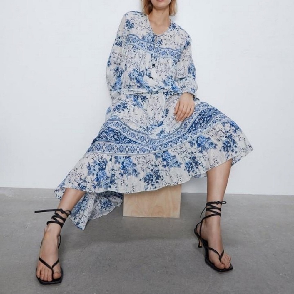 Zara Blue and White Printed Maxi Dress